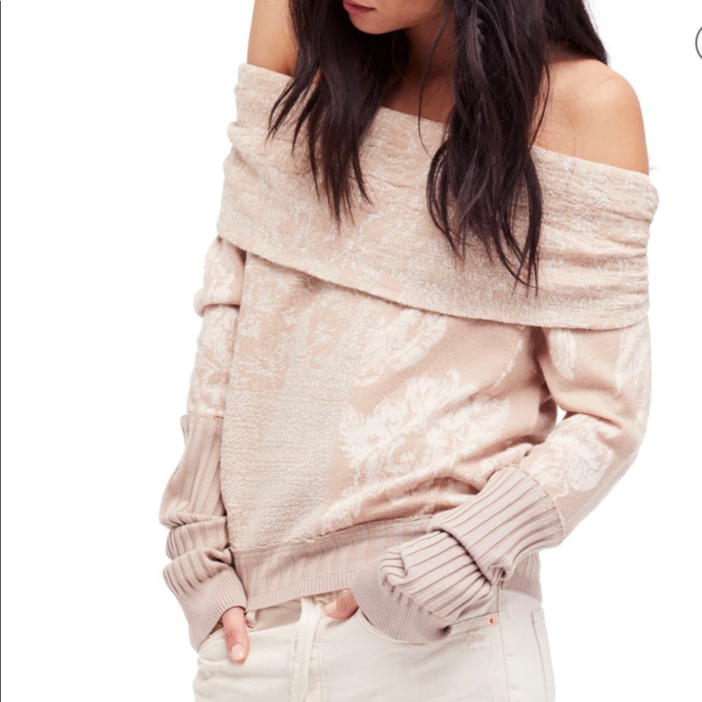 Free People Botanical Rose Oversized Off de Shoulder Metallic Sweater Sz XS Wool